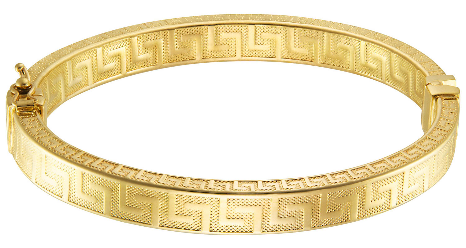 Bronzoro Oval Bangle Bracelet with Greek Key Design in Yellow Gold 