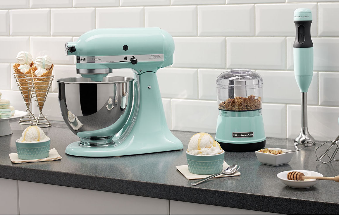 KitchenAid stand mixer in pistachio on a countertop