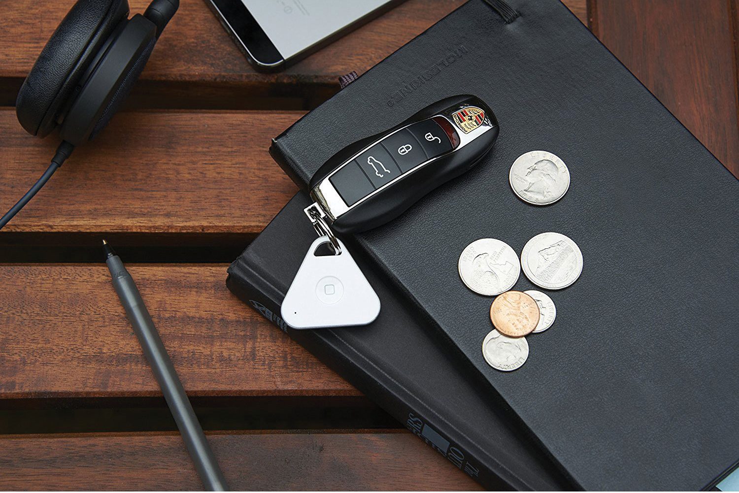 A photo of the iHere key finder attached to a car key