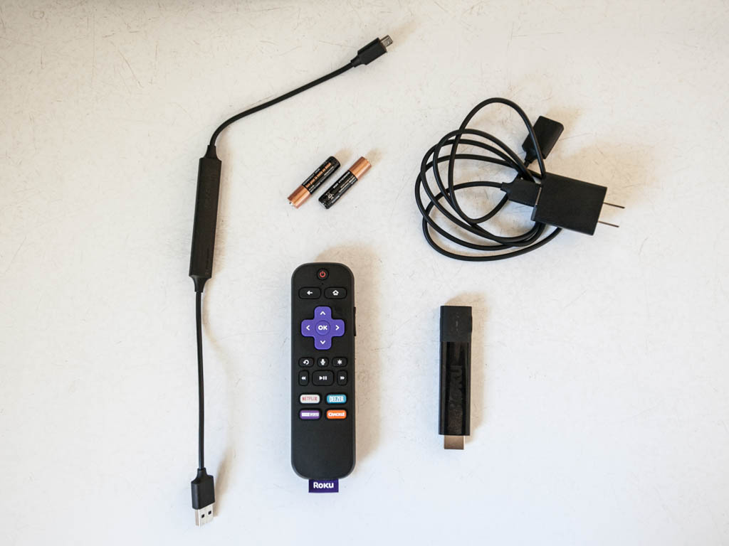 A photo of the contents of the Roku Streaming Stick+ box
