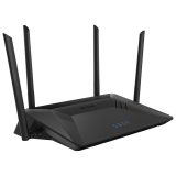 D-Link AC2000+ Wi-Fi router angled view showing its three antennas and its black colour scheme.