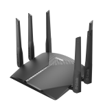 D-Link AC3000 Wi-Fi router angled view showing six antennas and its black colour scheme.