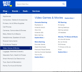 The BestBuy.ca homepage showing the product menu opened to Movies, TV, and Video Games.