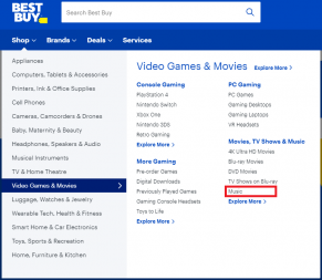 The "Shop" menu of the bestbuy.ca homepage opened up with the "Video Games & Movies" category selected and "Music" on the right hand side is highlighted inside of a red box.