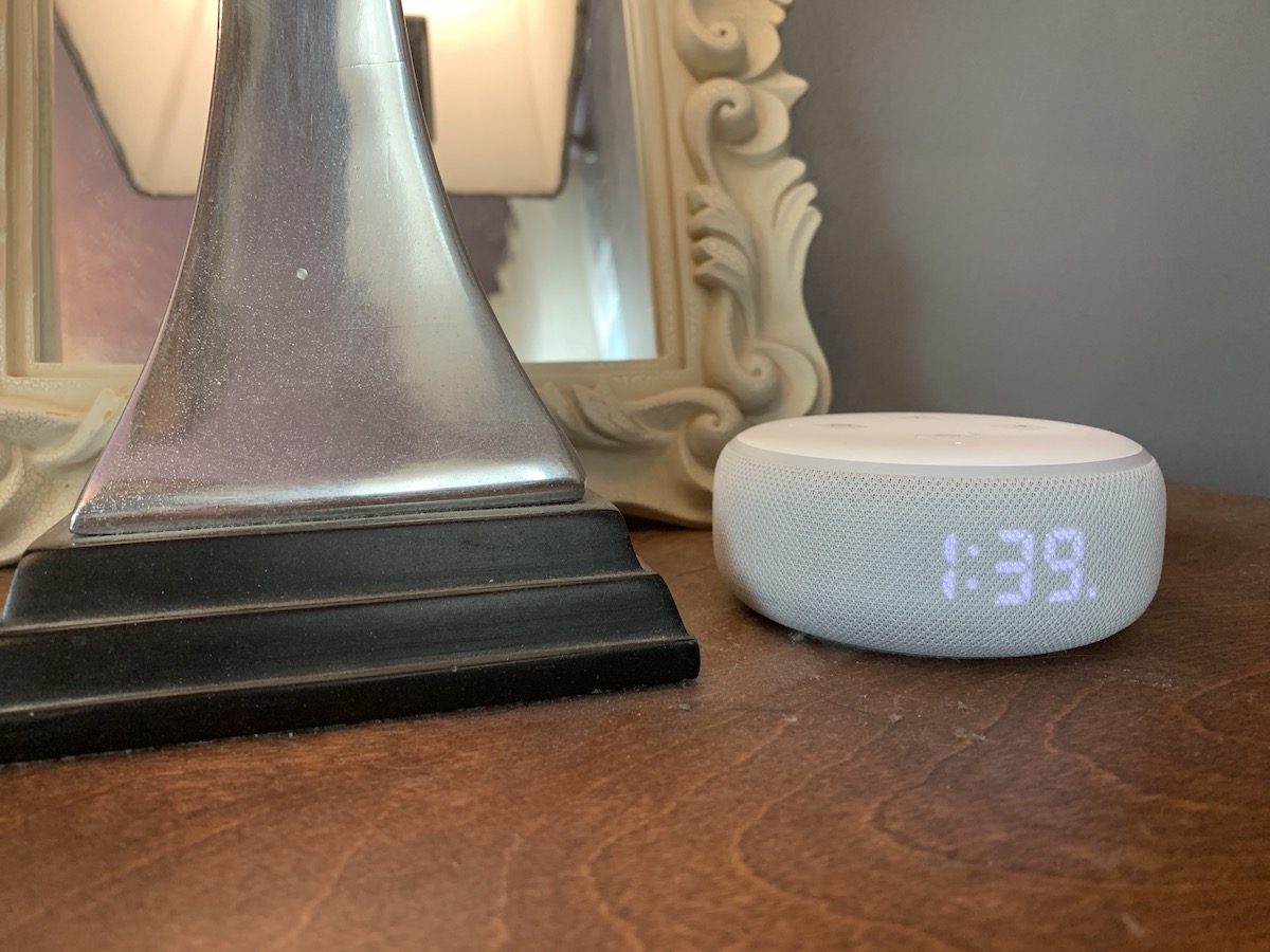 Amazon Echo Dot with Clock on bedside table