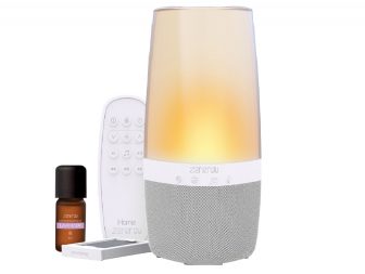 image of the iHome Zenergy Aromatherapy Bluetooth Speaker with remote control and bottle of lavender essential oil