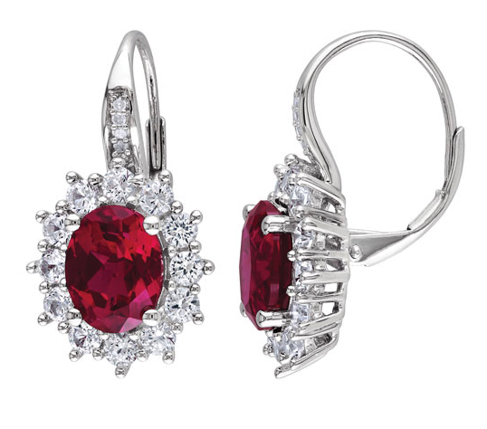 Halo Dangle Earrings in Sterling Silver with Red Oval Created Ruby, 0.04ctw Diamond & Created Sapphire