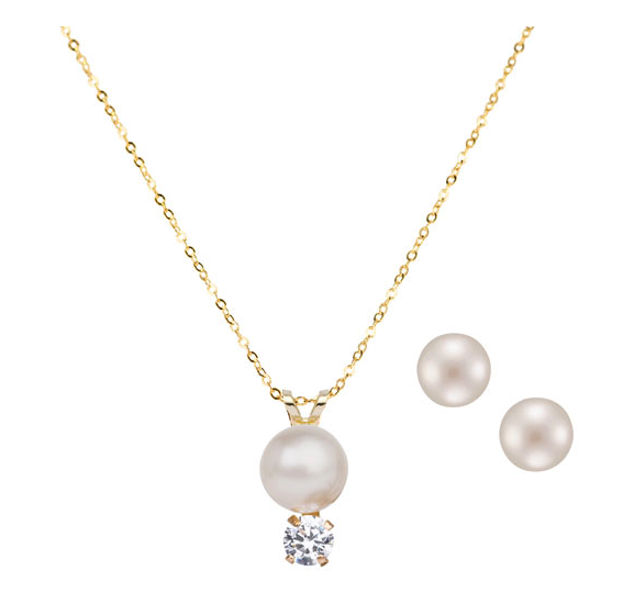 Le Reve Collection 18 Pearl:Cubic Zirconia Pendant & Pearl Stud Earring Set in 10K Gold
