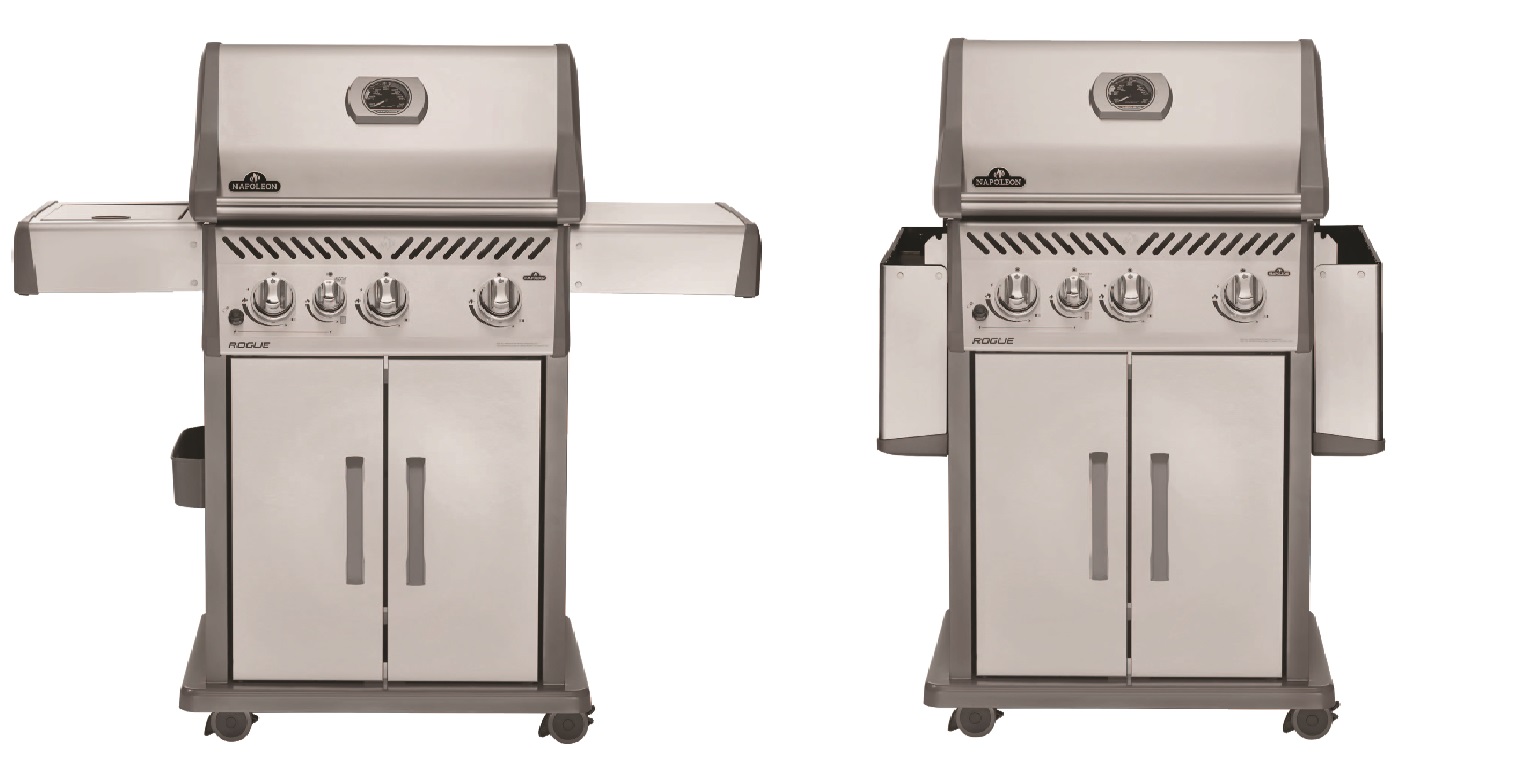 two images of the same grill, one with side shelves open and another with side shelves folded down