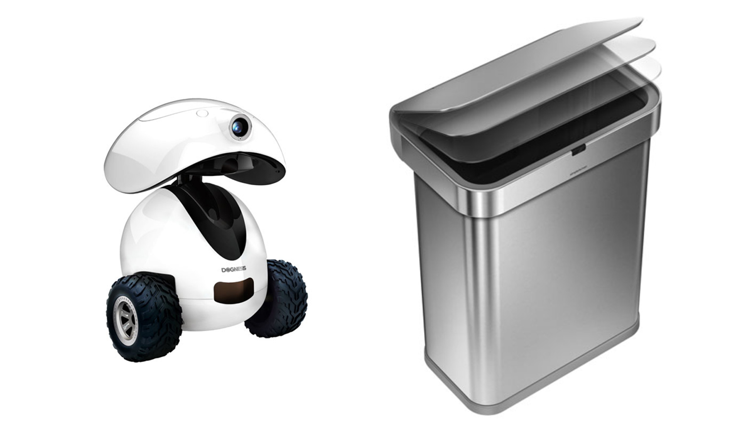 Изображение, на котором изображен дозатор лакомств для домашних животных Dogness iPet Smart Robot слева и умный мусорный бак Simplehuman Sensor Can справа на белом фоне.