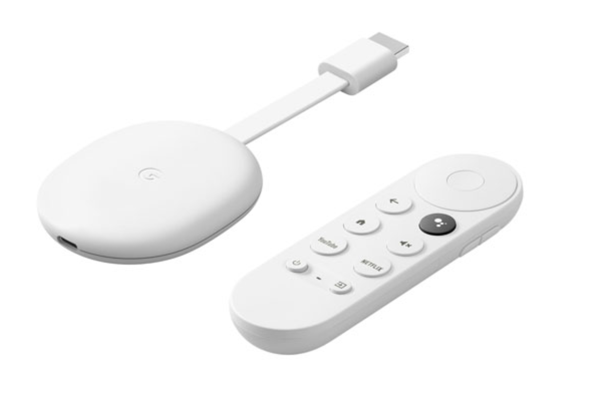 image of the Google Chromecast with Google TV media streamer next to the voice remote