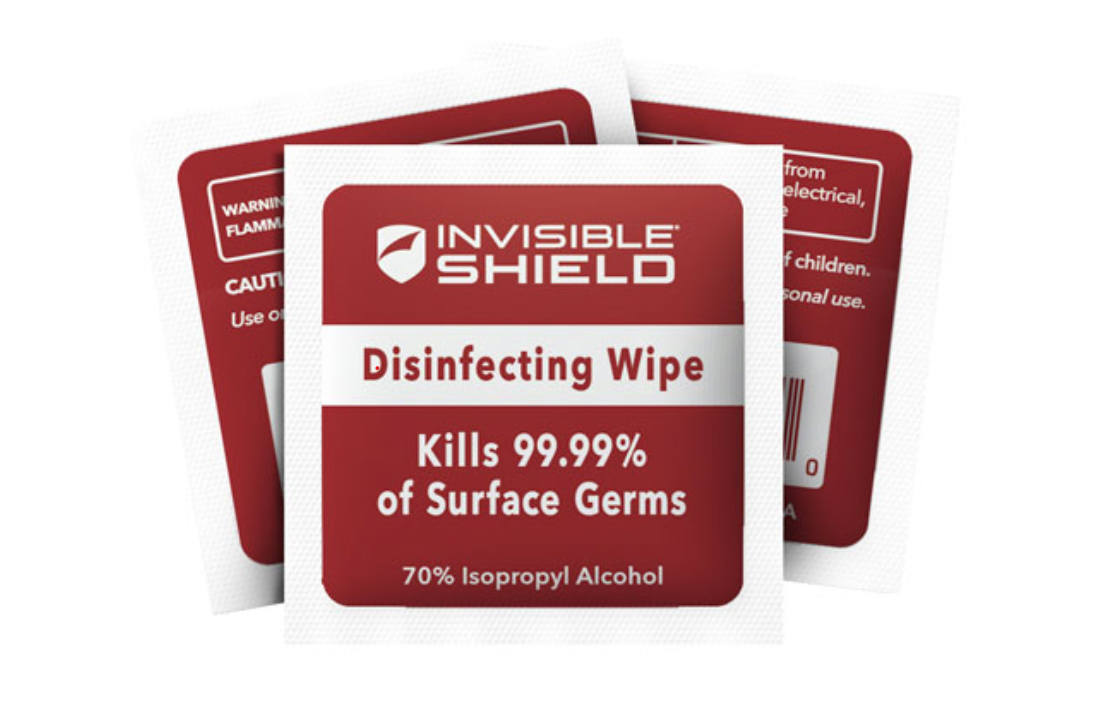 image of 3 packaged wipes from the InvisibleShield Antimicrobial Wipe 25-pack