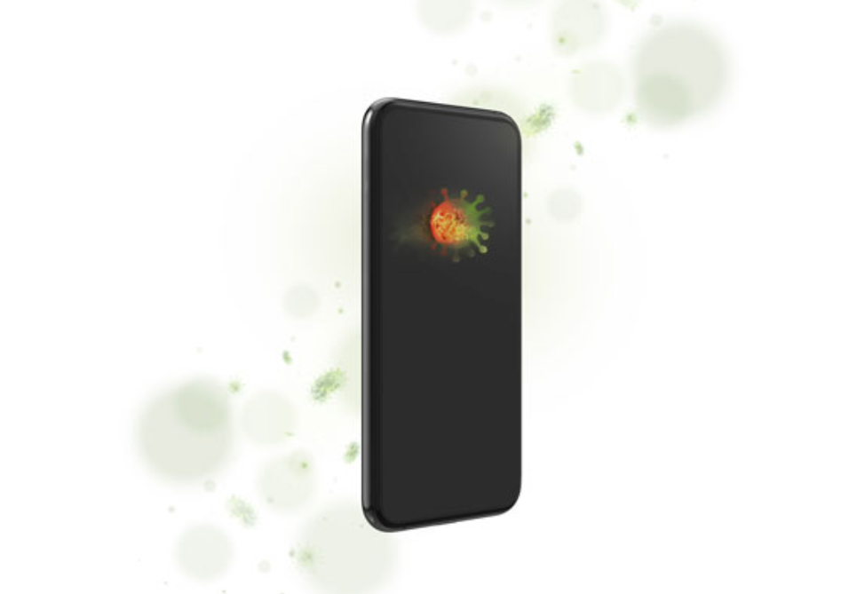 image of a smartphone with illustrations of germs on and around it