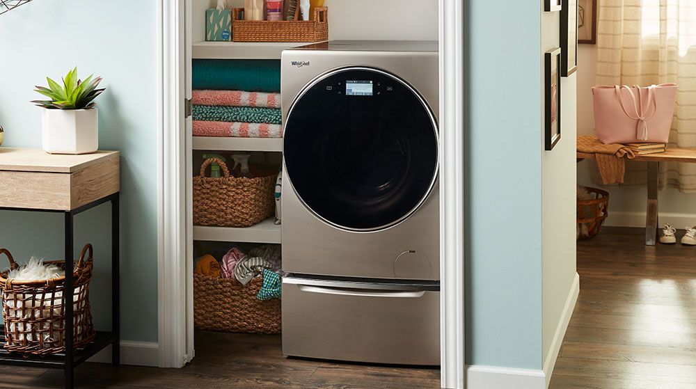 Image of a Whirlpool washing machine installed inside a closet