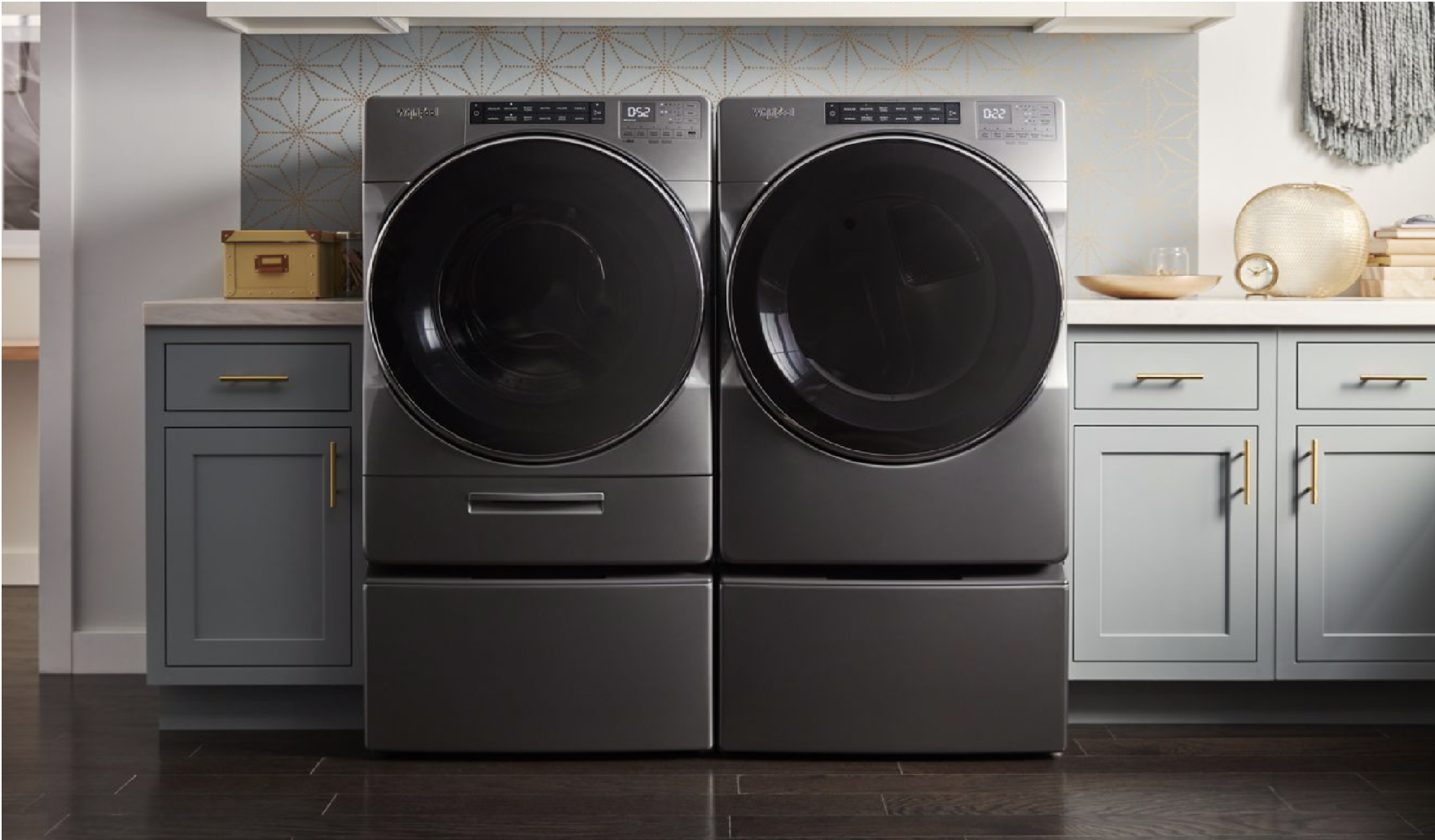 Image of side-by-side Whirlpool laundry pair with pedestal drawers