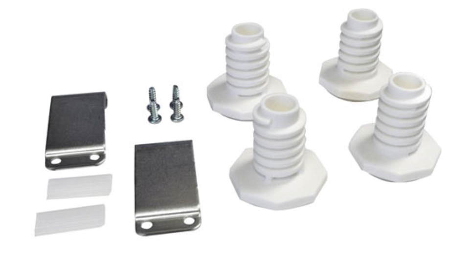 Image of the hardware included in a typical stacking kit: bolts, screws, and fasteners