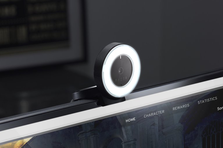 The Razer Ring Light Webcam mounted on top of a monitor