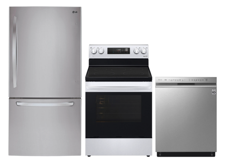 LG 30 22.1 Cu. Ft. Bottom Freezer Refrigerator; Electric Range; Dishwasher - Stainless