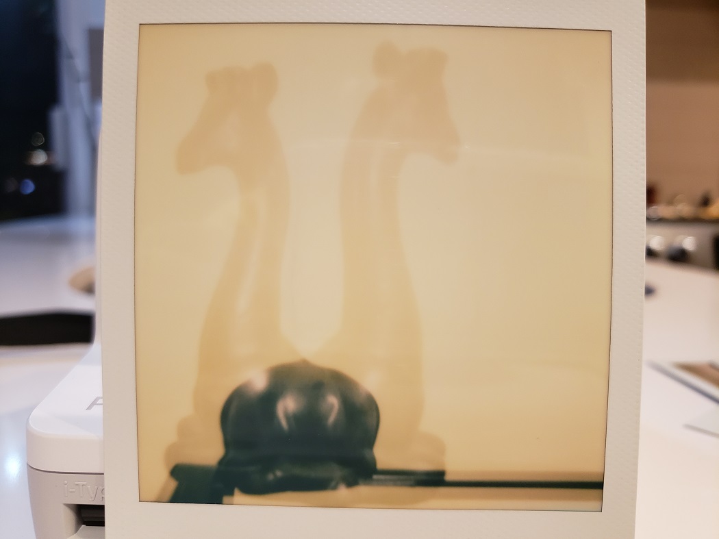 image of a double exposed Polaroid photo of a giraffe figurine