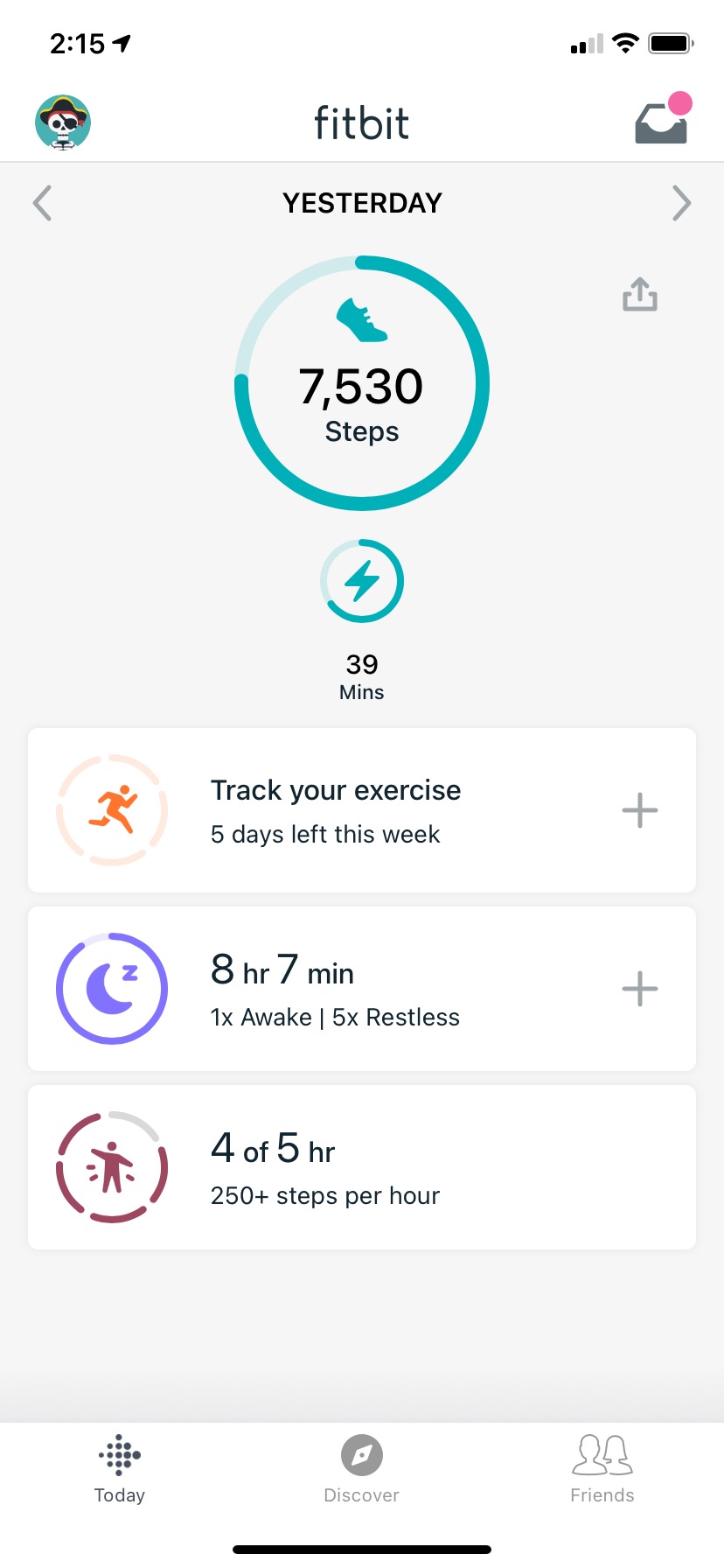 Fitbit app dashboard with child's Ace 3 set up