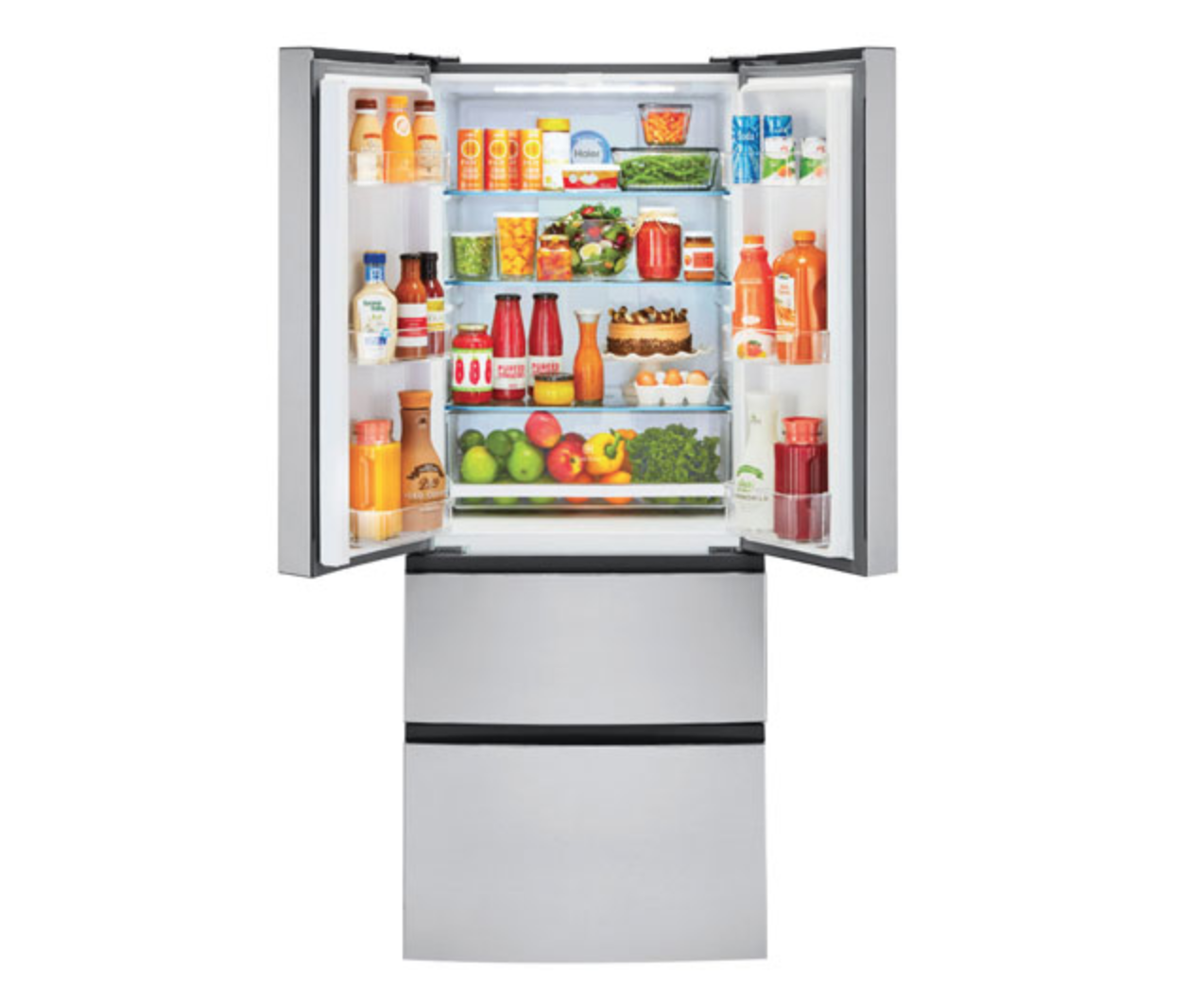 image of a Haier French door refrigerator, open to show storage space