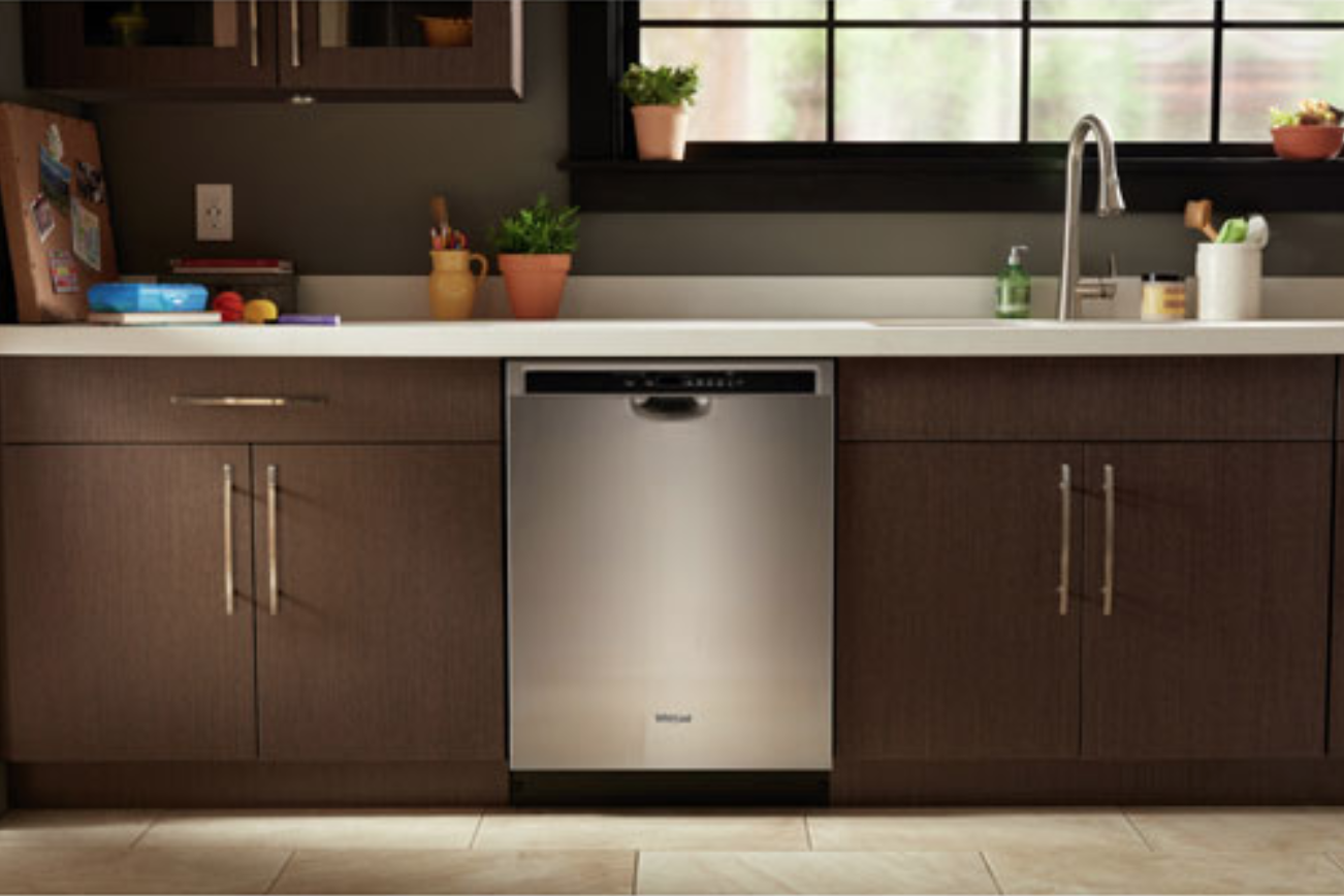 image of a Whirlpool built-in dishwasher installed under a counter top