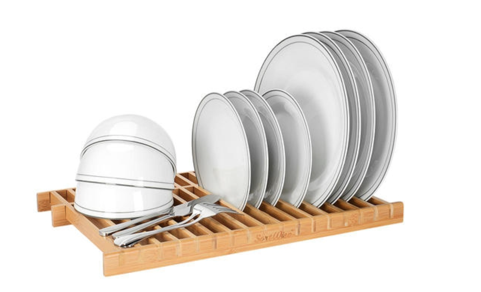 image of a bamboo dish rack holding dishes