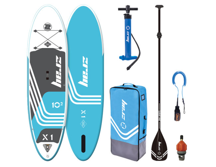 image of the Zray X1-Rider 10'2" Inflatable Stand-Up Paddleboard and all accessories