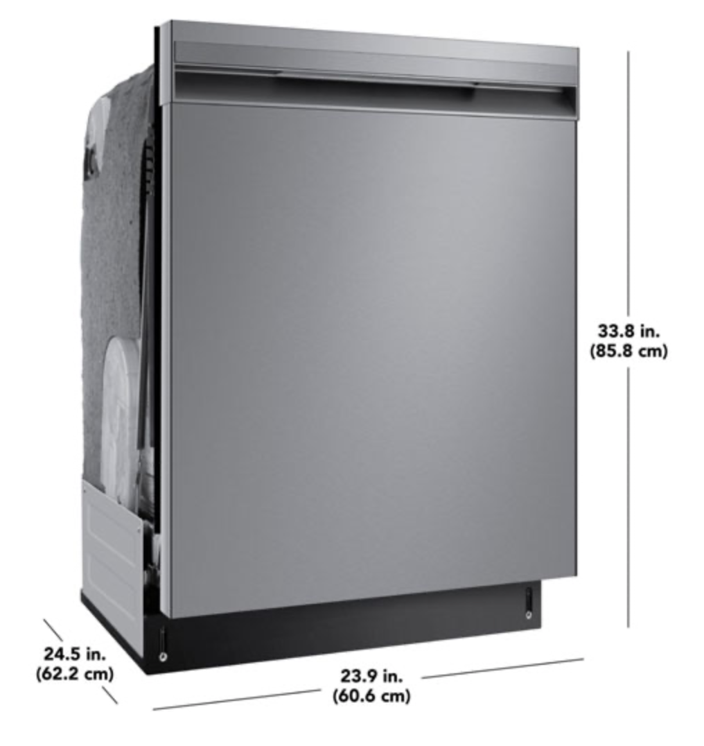 Insignia 24-inch dishwasher with dimensions.