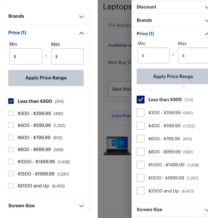 Best Buy's price filter on desktop and mobile
