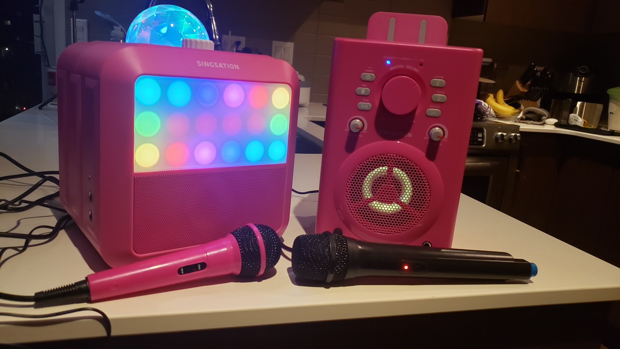 the 3 Singsation Karaoke products together with all the lights on