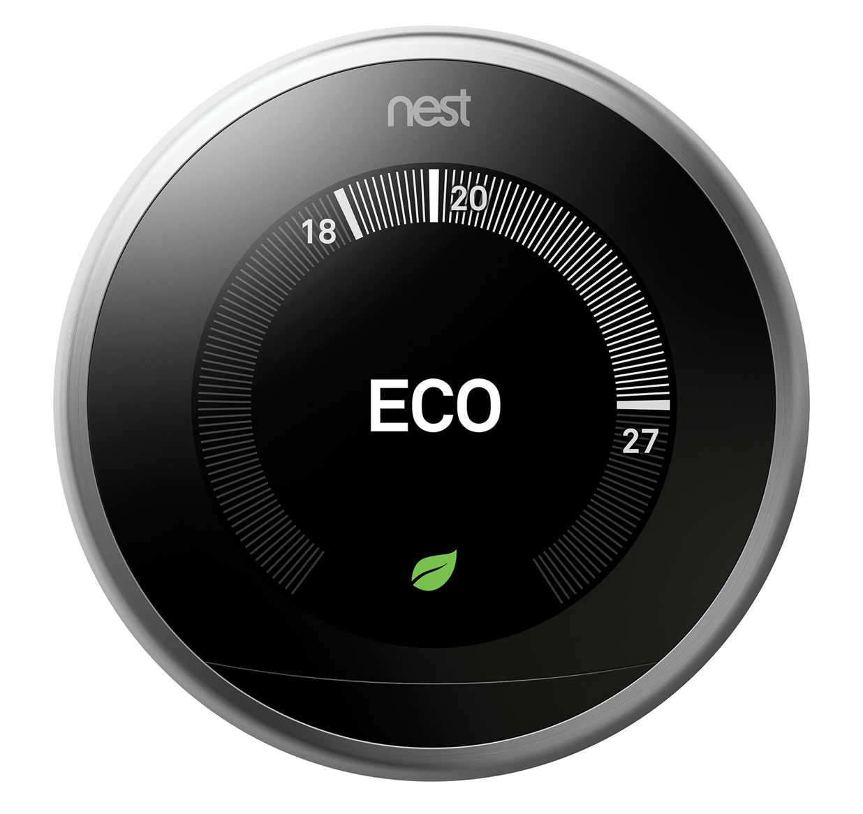 Google Nest smart thermostat showing eco mode.
