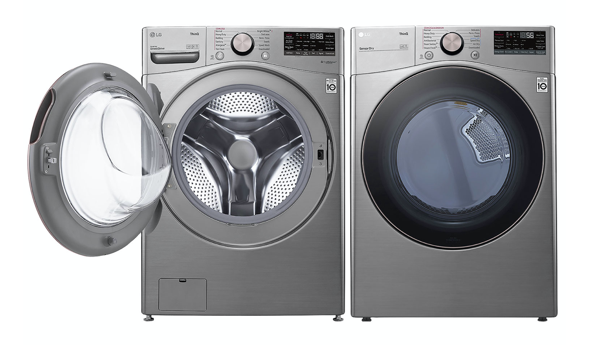 Stainless steel washer and dryer pair.