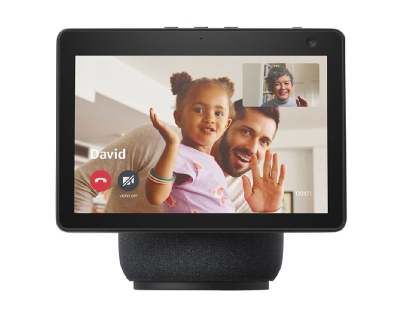 Amazon Echo Show 10 with a man and child on the screen.
