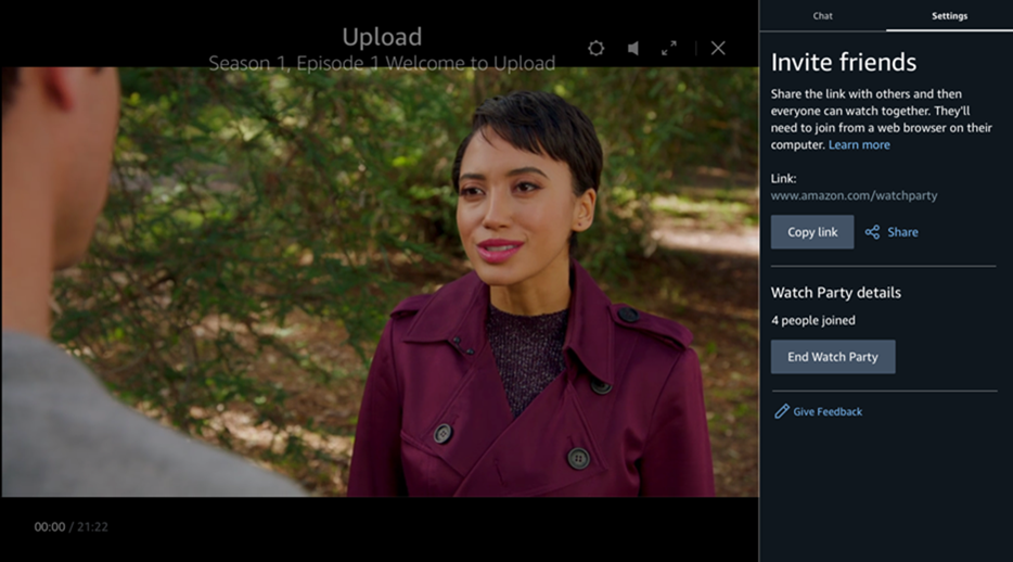 Amazon Prime Video series Upload on a TV screen with the Watch Party links on the side.