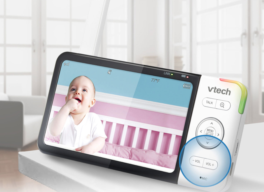VTech baby monitor highlighting volume controls