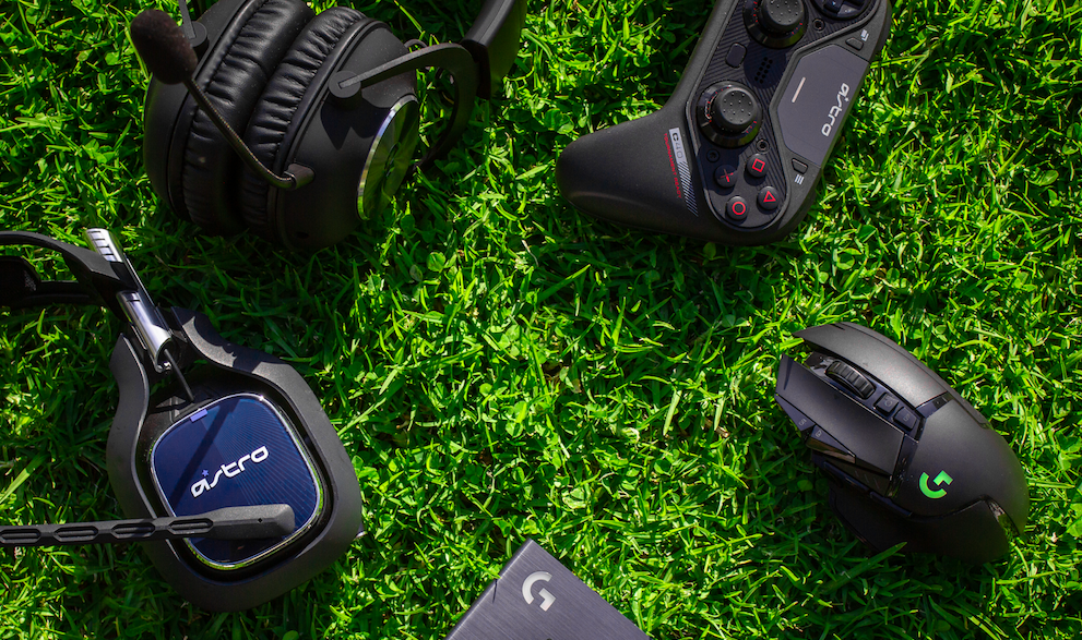 Logitech computer accessories laid out on grass turf