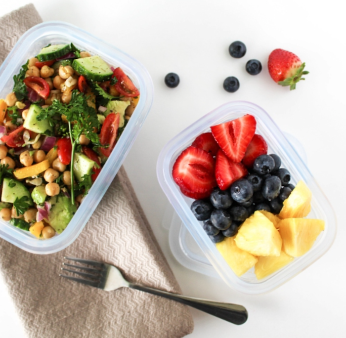 Salad and fruit salad in Tupperware for school lunch