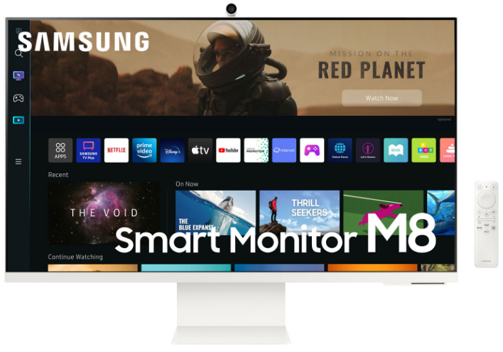 Samsung Smart Monitor showing home page with streaming services, alongside built in camera and monitor Remote