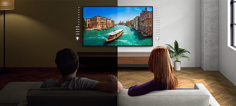 Smart TV showcasing the difference in automated brightness for low and high ambient light during night and daytime
