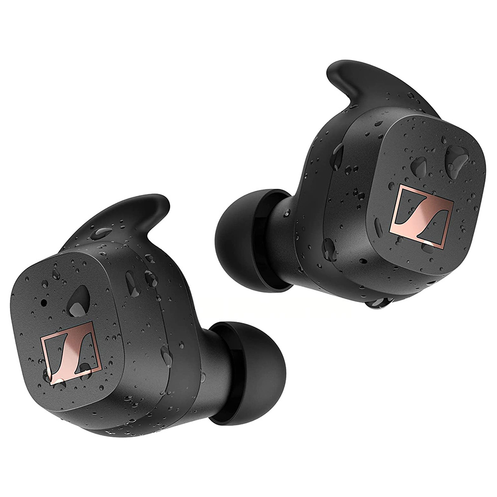 Sennheiser SPORT True Wireless earphones on white background with water droplets on them showing durability