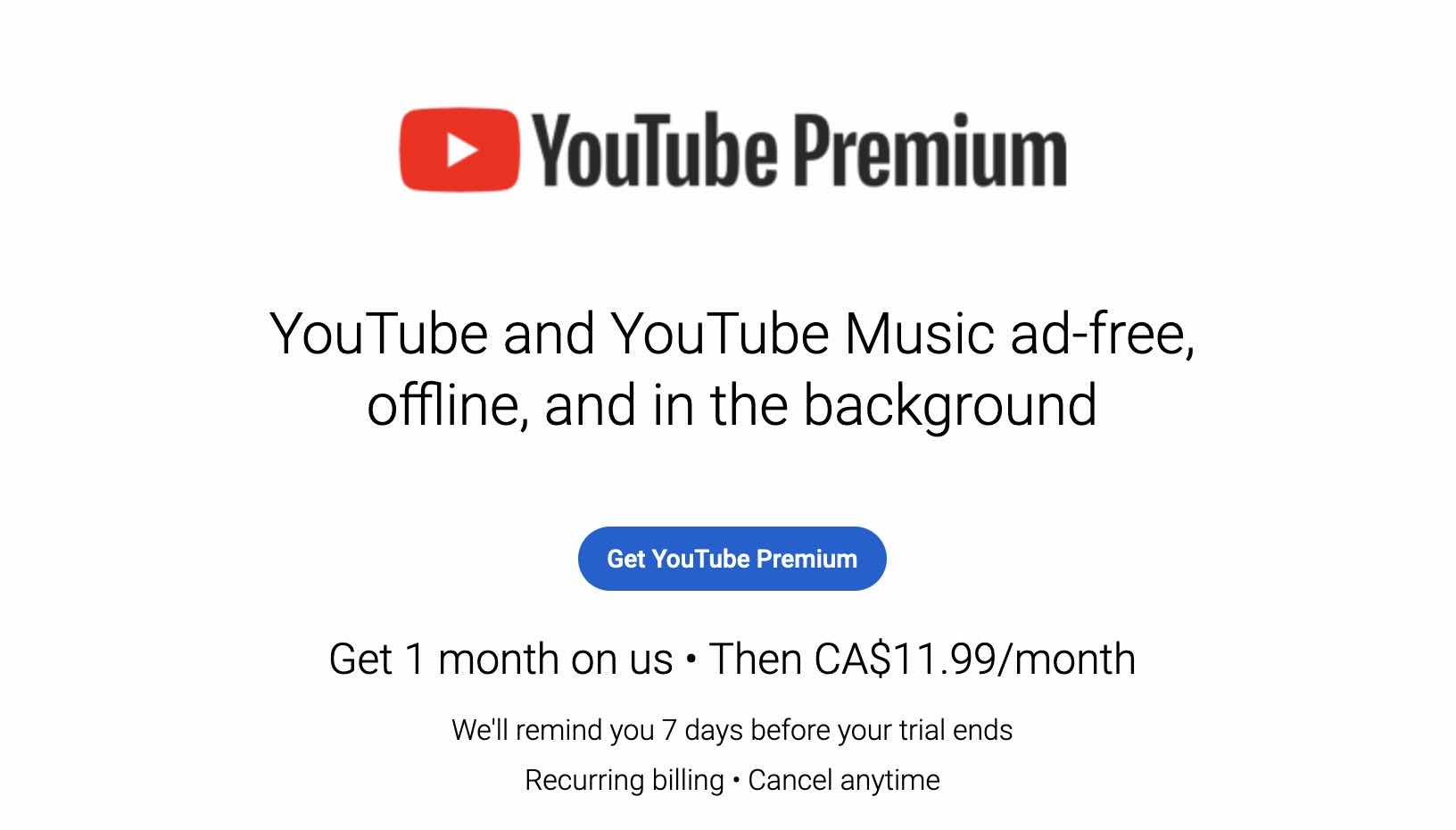 YouTube Premium cost in Canada
