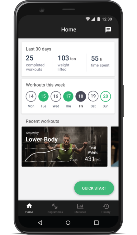 Advagym smart phone app showing how total workouts in the week and recommended workout routines and how they can help you get fit