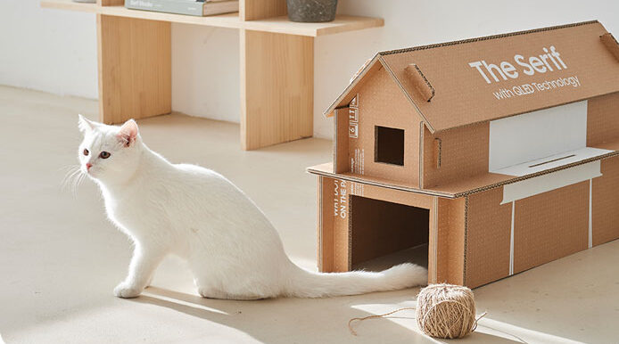 A Samsung recycled TV box for the Serif TV turned into a cat house with a white cat and yarn in front of it
