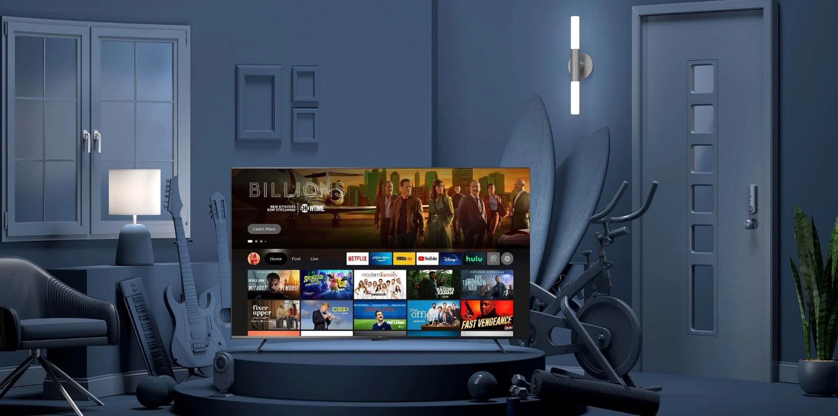 Showing how a Smart TV can be integrated into different smart devices by having them glow against a colorless background of a room
