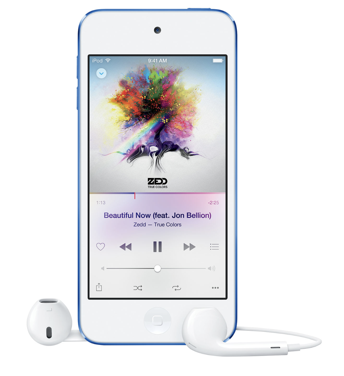 Apple EarPods wrapped around an iPhone showing Apple Music.