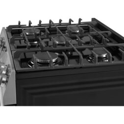 Gas stovetop with burners and grates.