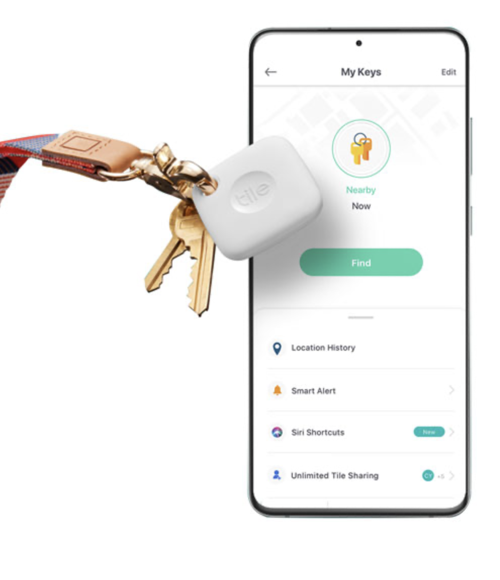 Tile Mate 2021 attached to keys with phone showing the app beside it