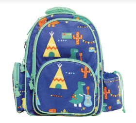 Child's backpack with dinosaur images.