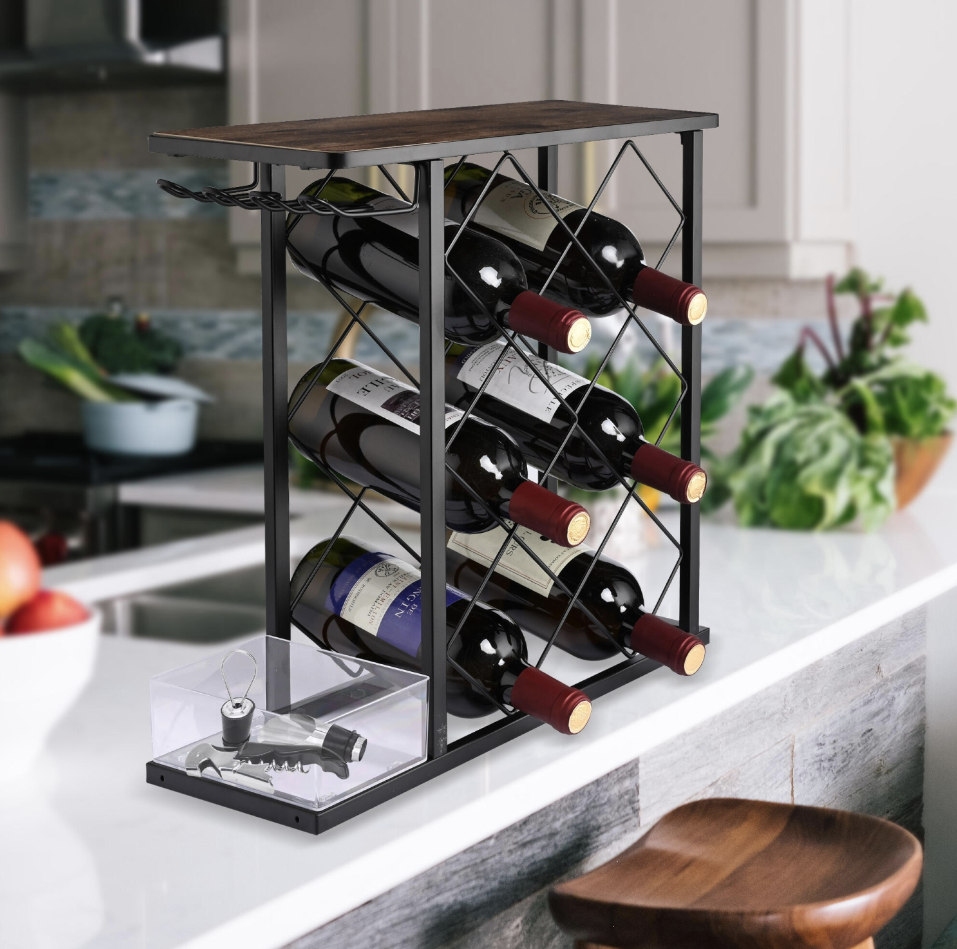 wine rack on kitchen counter with bottles.